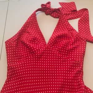 Red Silk Halter Dress with a Handkerchief Hem